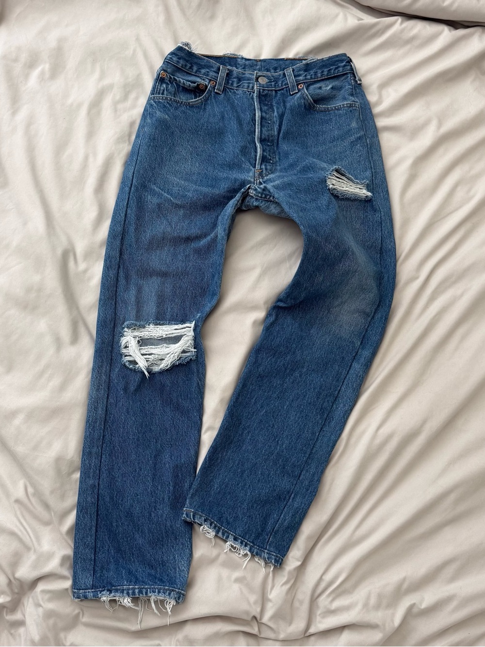Vintage 90s Levis 501 Distressed Jeans Medium Wash March 1996 Made in USA 28x29
